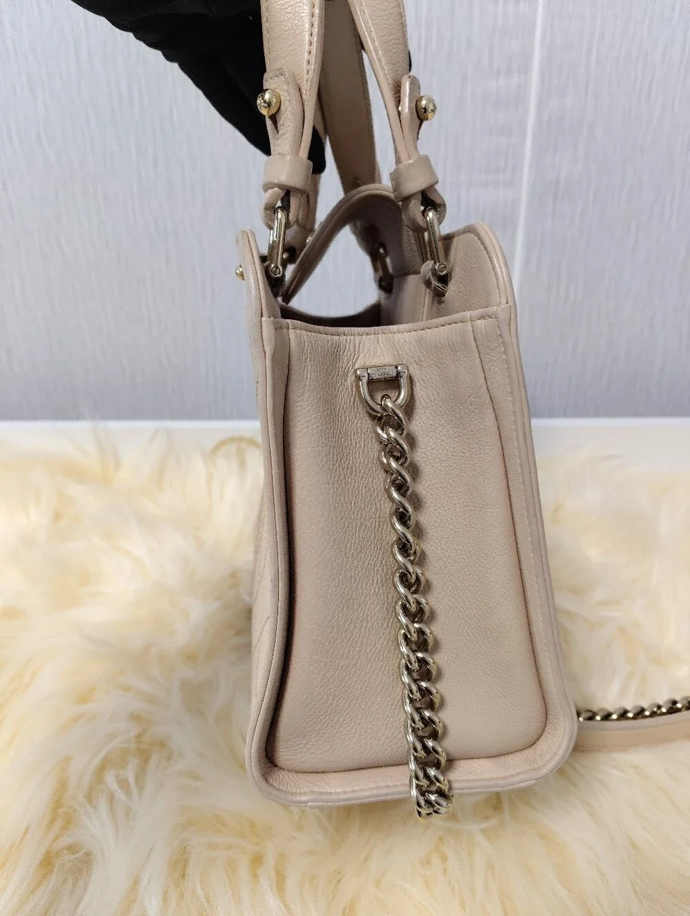 CHANEL Pink-Beige Quilted Leather Satchel with Chain Strap - Picture 13 of 13